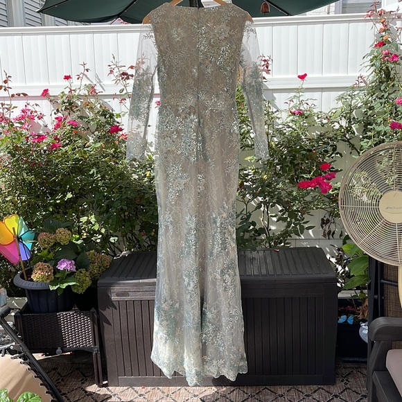 Mac Duggal - Sea Mist - Embellished V-Neck Illusion Long Sleeve Gown - Picture 14 of 17